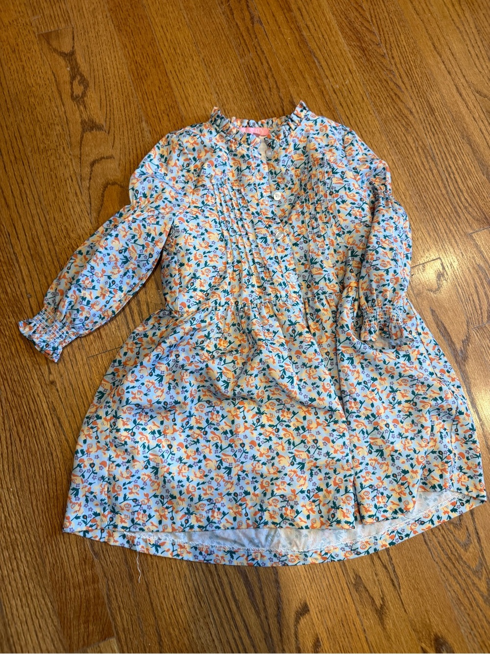 Girls Floral Pintuck Dress in Orange & Blue